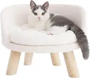 BingoPaw Cat Sofa Chair Bed: Elevated Nordic Pet Stool Bed with Removable Waterproof Mat - Raised Plush Fur Dog Kitten Couch with Wooden Legs Frame (Dia 40cm)
