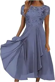 LMSXCT Women 2023 Elegant Chiffon Dress Mesh Crew Neck Short Sleeve Ruffle Hem A-Line Cocktail Dress Wedding Guest Dresses