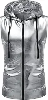[ZEROYAA] Mens Hipster Metallic Zip Up Sleeveless Hooded Vest T Shirt with Kangaroo
