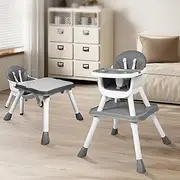 Bopeep Baby High Chair, 8-In-1 Convertible Toddler Feeding Chair, Dual-Purpose Table, Building Block Table,Removable Seat and Trays, PVC Seat Cushion, Double Trays for Easy Clean, for 0-36 Months, Eating Playing Learning, Grey