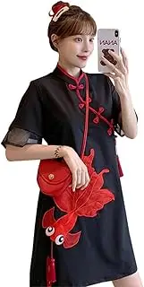 [MOOCO MORNING] Cheongsam Retro Loose Black Stand-Up Collar Buckle Short Sleeve Mini Dress Chinese Style Vintage Summer Short Qipao
