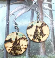 OOAK Wood Burned Pyrography Forest Scene/Circle/Silver 1" Dangle Earrings