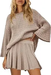 [SENSERISE] Womens Sweater Skirt Set 2 Piece Outfits Long Sleeve Pullover Top Ribbed Knit Lounge Dresses