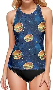[AIXIWAWA] Women's Tankini Tops-Hamburger in Universe, Swimsuit Top for Beach Pool Vacation S