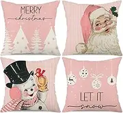 Christmas Decorations Pillow Covers 18x18 Set of 4 Pink Stripes Santa Snowman Snowflake Merry Tree Let It Snow Hello Winter Holiday Pillows Decorative Throw Cushion Case for Sofa Couch