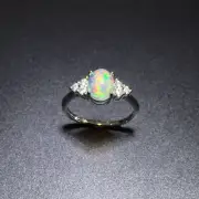 Natural Opal Ring, October Birthstone,Solid Rainbow Fire Opal, White Gold Plated