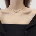 蝴蝶結人造珍珠項鍊女 LONG NECKLACE情侶款新款韓版復古鎖骨鏈 PEARL NECKLACE情侶款簡約設計感頸