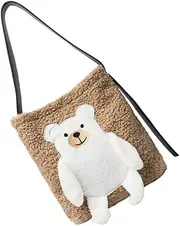 [Minkissy] Bear Pattern Plush Tote Bag Lightweight Shoulder Pouch for Women Perfect for Daily Use