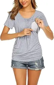 [Generic] Maternity Blouses for Women Women's Maternity Tops Breastfeeding Tank Top Shirt Double Layer Soft Short Sleeve Pregnancy Clothes Maternity Print Leggings Over The Belly (b-Grey, M)