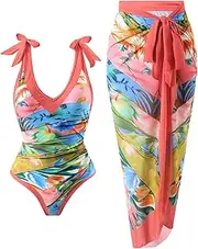 [Jollkichay] Womens One Piece Swimsuit with Cover Up Sarong Wrap Floral Bathing Suits 1 Piece Swim Suit with Beach Cover Up Set