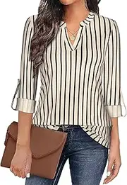 [Syphiby] Womens Casual Tunic Blouse Loose Long Sleeve Tops V Neck 3/4 Rolled Up Sleeve Henley Shirts S-3XL