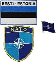 A-ONE NATO Mark Emblem Shield Patch+Estonia Country Flag Emborderied Sticker Patch+NATO Sign Brooch Pin, Patches&Badge for Garrison Cap Military Clothing School Bag NO.023+423P