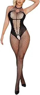 [Tender Whisper] Women's Teddy Sexy Lingerie Lingerie Mesh Bodysuit Neck Crotchless Mesh One Piece Fishnet