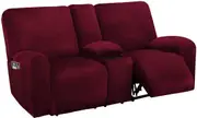 2 Seater with Middle Console Slipcover, Velvet Stretch Loveseat Reclining Sofa Covers, Thick, Soft, Washable, Wine