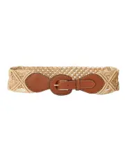 [Lauren Ralph Lauren] Leather-Trim Corded Macrame Wide Belt in Natural