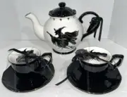 Potter’s Studio Bella Lux Witch Raven JOL Teapot + 2 Cups and Saucers Set NEW
