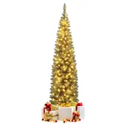 Costway 150CM Pre-Lit Artificial Christmas Tree Slim Pencil Xmas Tree W/ 296 Branch Tips & 150 Warm White LED Lights