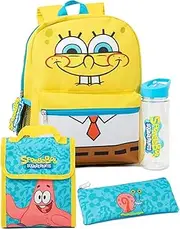 SpongeBob SquarePants Backpack Set Kids 4 Piece | Blue Yellow School Bag Patrick Lunch Box Gary Pencil Case Logo Water Bottle | TV Show Merchandise Gifts