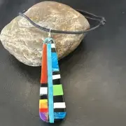Santo Domingo Turquoise Spiny Adjustable Cord Necklace Inlay Pendant 3” 18476