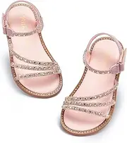 [PHIRAMIN] Toddler Girl Sandals - Flower Girl Dress Shoes Open Toe Little Kid Summer Flats, Sparkly Rhinestone Pink, 7 Toddler