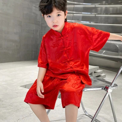 Boys Outfit Chinese Satin Top Shorts Set Soft Loose Tang Suit Frog Button Summer