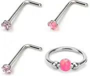 [Mikovivi] 4pcs Nose Rings, Stainless Steel 18g L Shaped Nose Studs Steel Hinged Clicker Segment Rings Hoop for Nostril Septum Cartilage Helix Rook Earlobe Lip Piercings Jewelry(Pink), Medium, Stainless