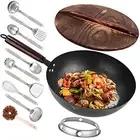 Leidawn 12.8 Carbon Steel Wok-11Pcs Woks And Stir Fry Pans Wok Pan With Lid, No