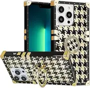 for iPhone 15 Plus Case with Ring for Women, Gold Gorgeous Rhinestone Bling Diamond Kickstand for iPhone15 Plus 6.7'' - Houndstooth