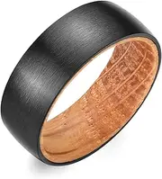 [Adreamz] 8mm Black Fashion Promise Wedding Band Matte Brushed Domed Stainless Steel Ring for Men Women Inlaid Whiskey Barrel Wood Inner Liner Comfort Fit Ring Size 7-14