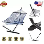 Elegant Royal Blue Rope Hammock with Hardwood Bar - Tool-Free 2-Person Setup