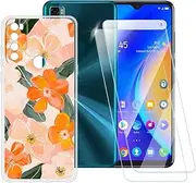 ESACMOT Orange Flowers Pattern Case Compatible with TCL 20 SE + [2 Pack] Screen Protector Tempered Glass, Shockproof Case Cover for TCL 20 SE (6.82 inch)