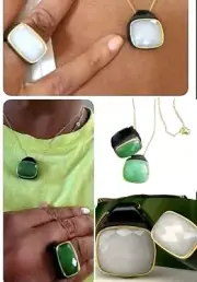 Jade Checkerboard Carved Necklace and Ring set Vermeil YG over sterling silver
