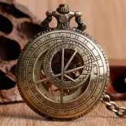 Mens Skeleton Pocket Watch Mechanical Compass Hand Wind Fob Watch Retro Chain