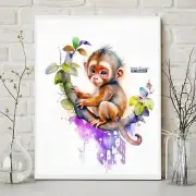 Baby Monkey Chimpanzee Watercolor Nursery Room Wall Art Oil Painting Print