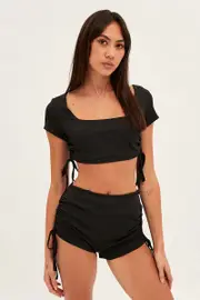 Black Crop Top Ruched Loungewear Set - Size S, Women's Lg Set