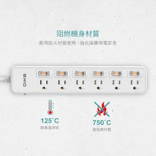 DIKE 6切6座 3孔延長線 【省電獨立開關】延長線插座 延長線 1.2~2.7M DAH664/666/669WT