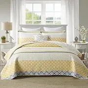DUOHONG 100% Cotton Quilted Bedspread Coverlet Set King Size, King Lightweight Quilt with 2 Pillow Shams, Quilted Coverlet Bedding Set Bed Blanket for King Bed, Yellow/Gray