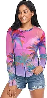 [RPLIFE] Colorful Palm Trees Sunset Mesh Long Sleeve Top, Sexy Sheer Tops for Women S-XXL