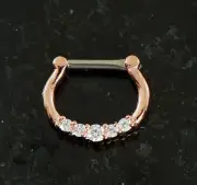 1 Pc 16g Rose Gold Plated 5 Clear CZ Gems Prong Set Septum Clicker Nose Ring
