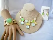 3 Piece Parure Set Faux Green Opal Bib Necklace Stretch Bracelet Drop Earrings