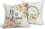 He is Risen Easter Religious Pillow Covers 16x16 Inches Colorful Flowers Throw Pillow Case Set of 2 Easter Spring Pillow Cover Cotton Linen Cushion Cover for Home Couch Sofa Bedroom Livingroom