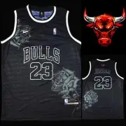 CHICAGO BULLS NBA BLACK AND ROSE TATTOO STYLE MICHAEL JORDAN 23 JERSEY LARGE
