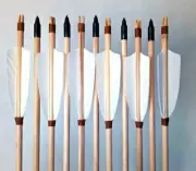 Archery Arrows, Traditional Wooden Arrows 10ps Set, Ten White Feather Wood Arrow