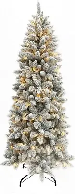 Senjie Prelit Snow Flocked Pencil Christmas Tree, Slim X-mas Tree with LED Light