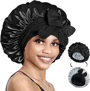 BONNET QUEEN Reversible Silk Bonnet for Sleeping Women Double Layer Satin Lined Bonnet Hair Bonnet for Curly Hair Night Sleep Cap with Tie Band Black+Silver