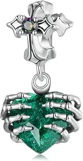 [Generic] 925 Sterling Silver Cross and Skeleton Green Stone Gothic Charm, Heart of Skull Pendant, Dangle Charms, Halloween Heart Charm Bead fit Bracelet Necklaces