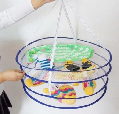 Foldable Popup Mesh Net Basket Double Layer Hanging Dry Rack for Clothes Laun...