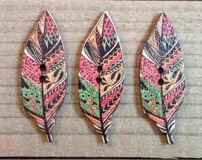 3 Feather Sewing Buttons Crafting Wood 2 Hole 1.75"