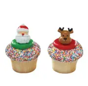 Christmas Cake Toppers Santa and Reindeer Cupcake Rings One Dozen