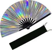EOSAU Large Holographic Rave Fan Folding Hand Fans for Line Dancing Portable Handheld Clack Fan for Festival EDM Party Music Outfit Accessories (Holographic White)